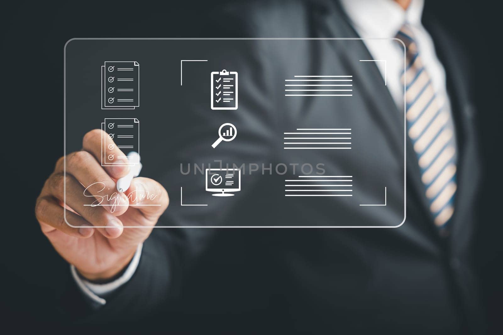 Entrepreneur signs electronic documents online on a black background. Showcases the concept of electronic signature, e-signing, and paperless document management. Agreement is confirmed.