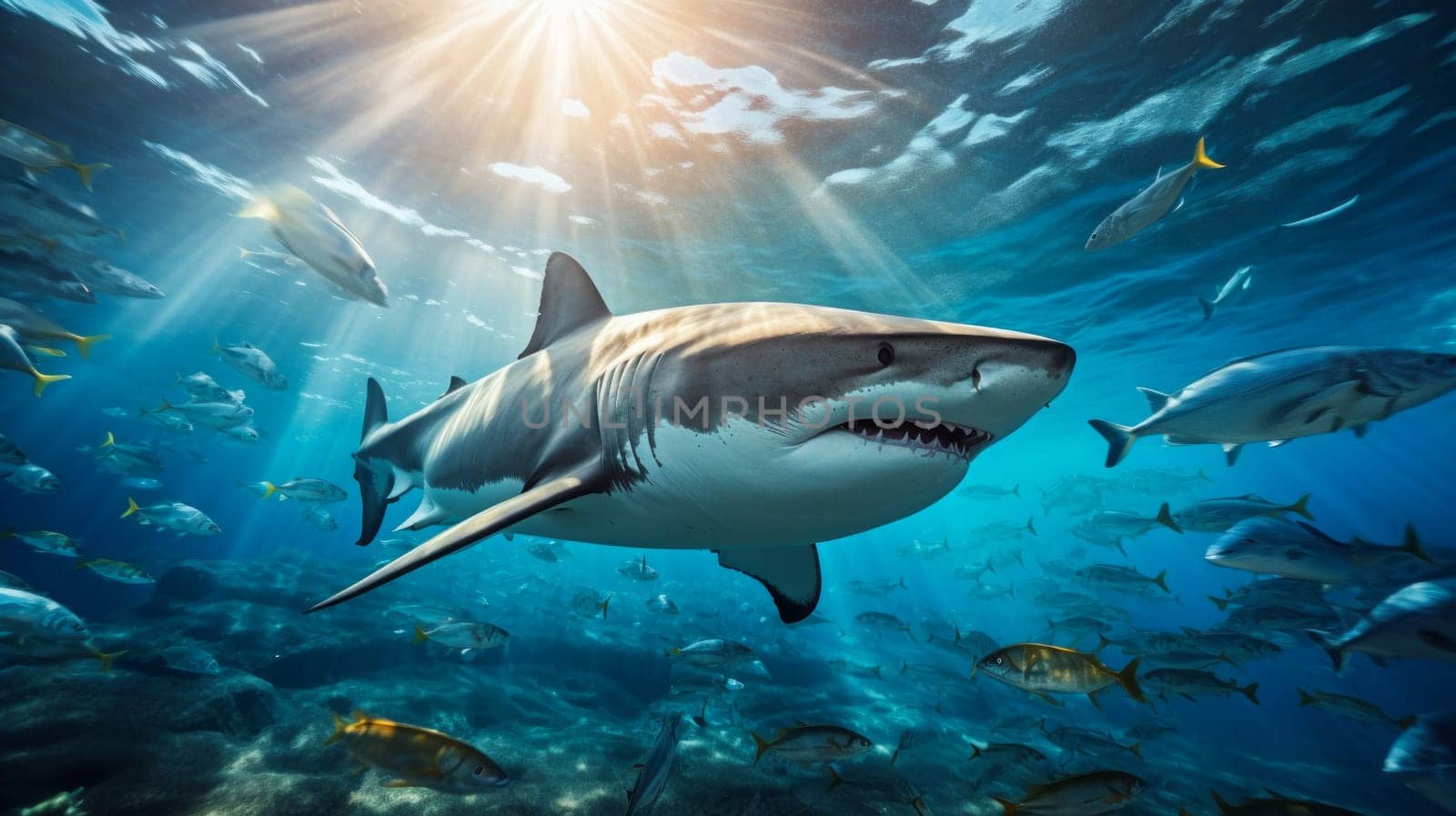 Shark swimming on deep ocean. Wildlife concept.