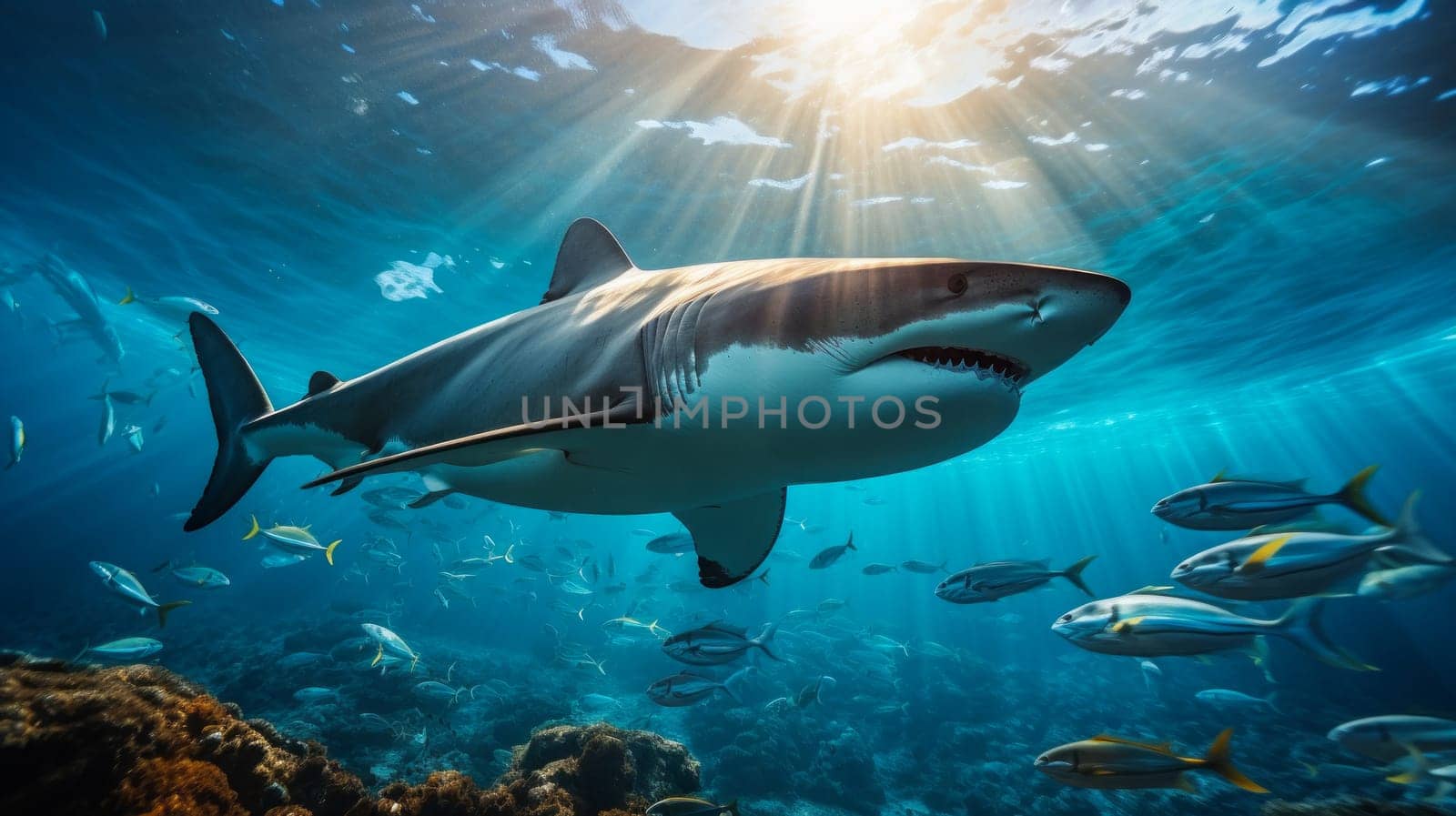 Shark swimming on deep ocean. Wildlife concept.