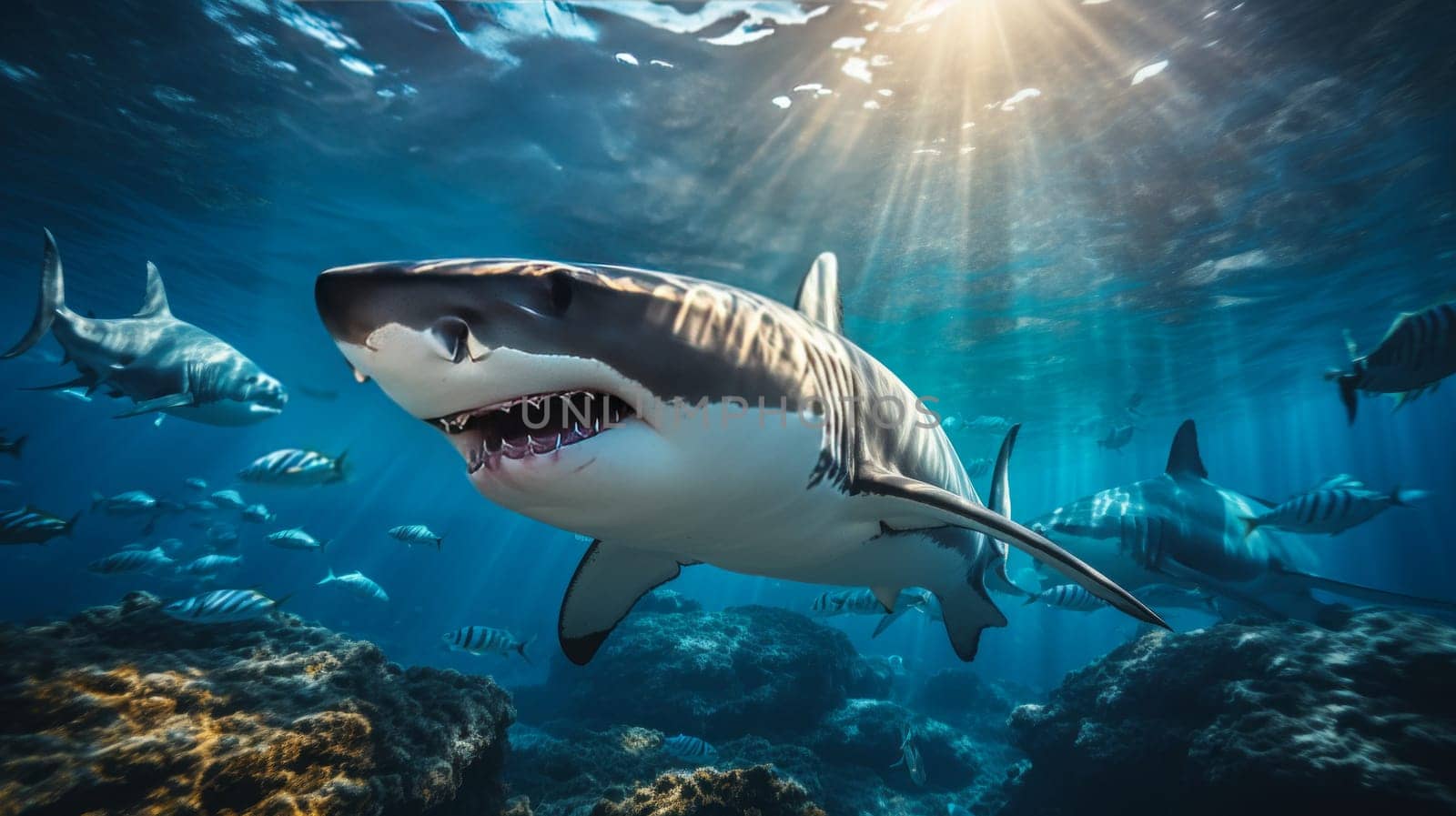 Shark swimming on deep ocean. Wildlife concept.
