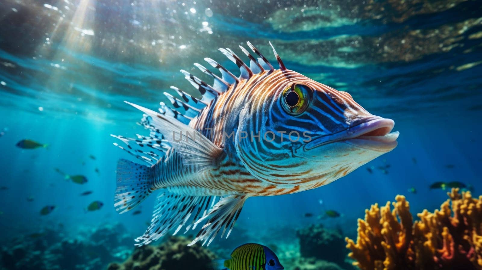 Close up of tigerfish on blue ocean.