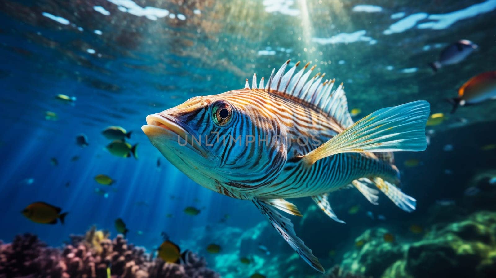 Close up of tigerfish on blue ocean.