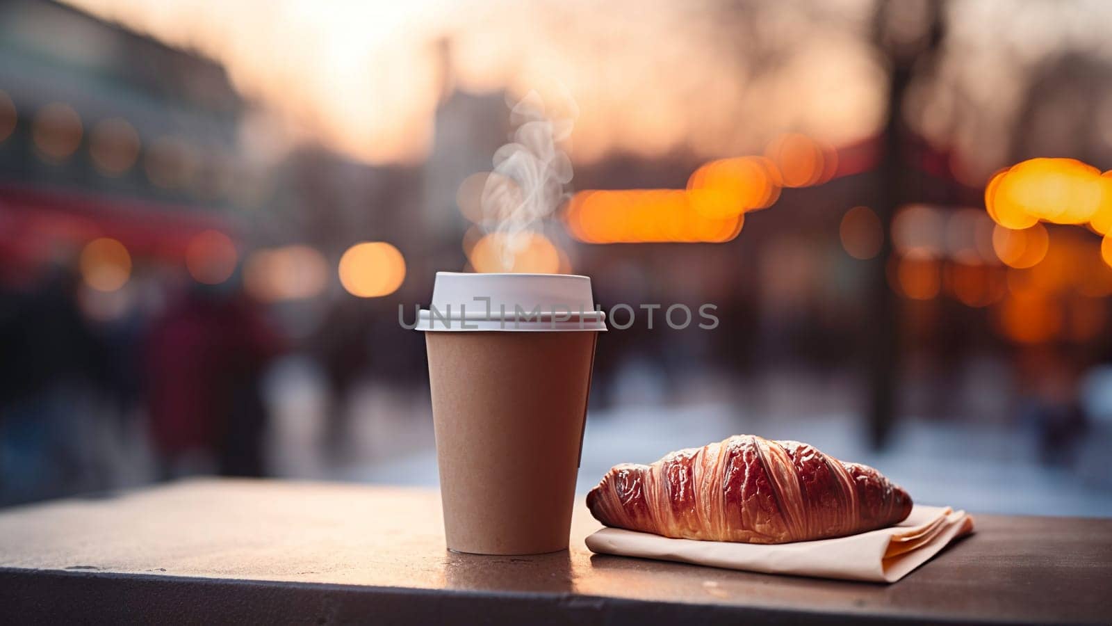 Hot coffee on the go in paper cup and croissant on street table outdoors in the morning. Enjoying coffee while walking. Takeaway breakfast. Takeaway food