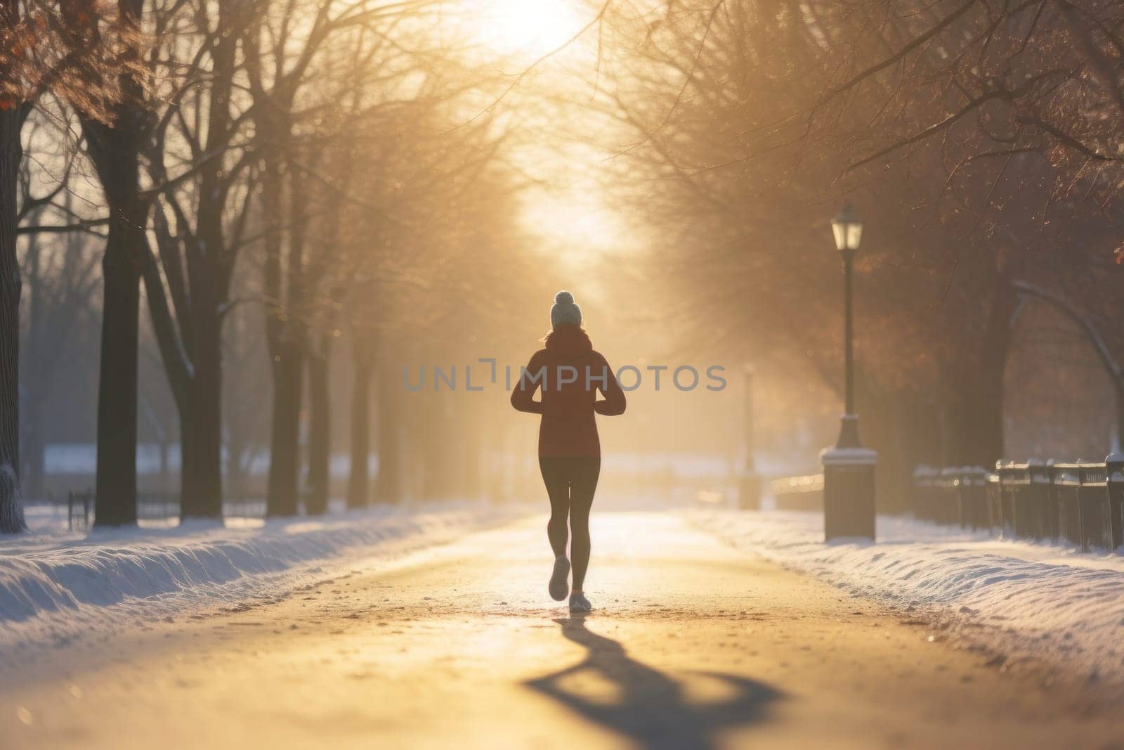 Young woman running outdoor during workout on winter day. Woman jogging in park. Active woman. Cardio training. Physical fitness. Cardio workout. Healthy lifestyle. Daily routine. Body exercises