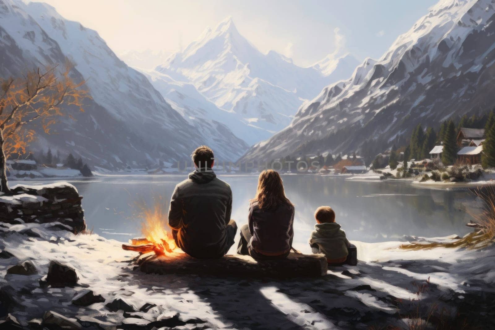 Family sitting around campfire in evening during mountain winter trip. Winter season. People having fun sitting at bonfire looking at mountain landscape. Enjoying fire in the evening. Weekend trip. Travel to the mountains. Natural destinations