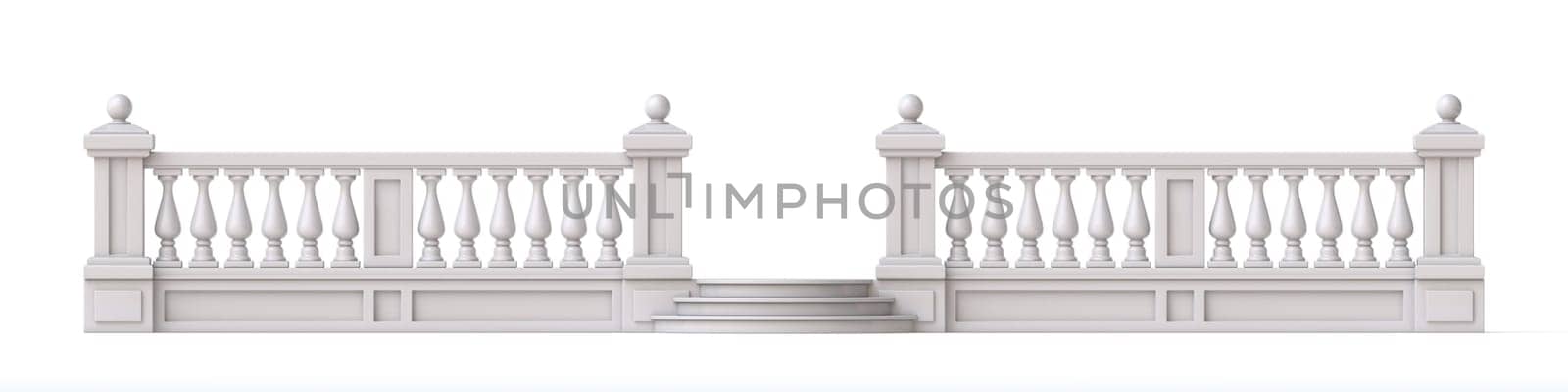 White stone fence with gate and stairs 3D rendering illustration isolated on white background