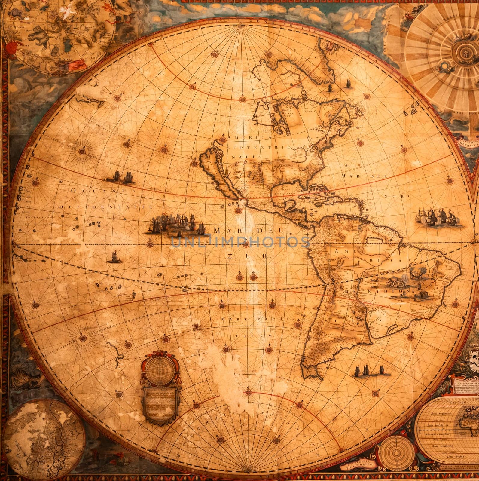 Genova, Italy - 8 August 2023: Spinola Palace. Authentic antique map shows the world known to Europeans in the mid 17-th Century. Exploration, geography, vintage background