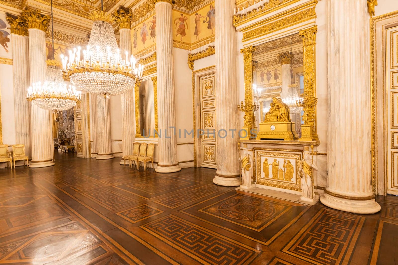 Turin, Italy - April, 2023: Royal Palace Ballroom. Luxury elegant ancient interior, circa 1860