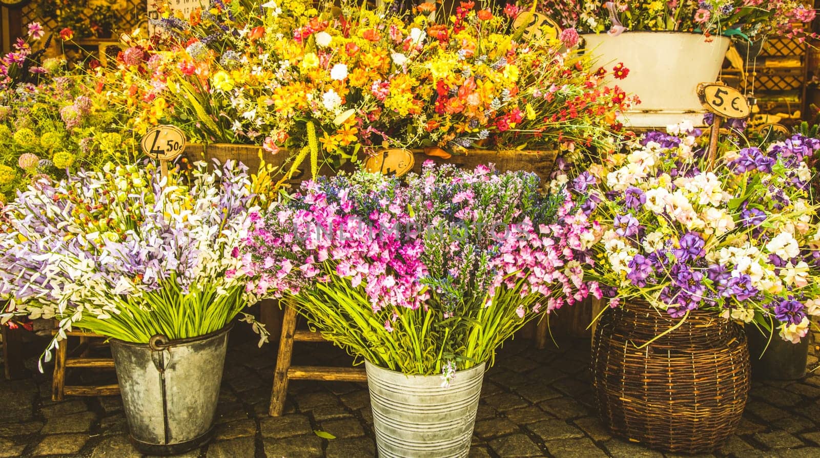 Vintage flowers market on public street - retro cottagecore style