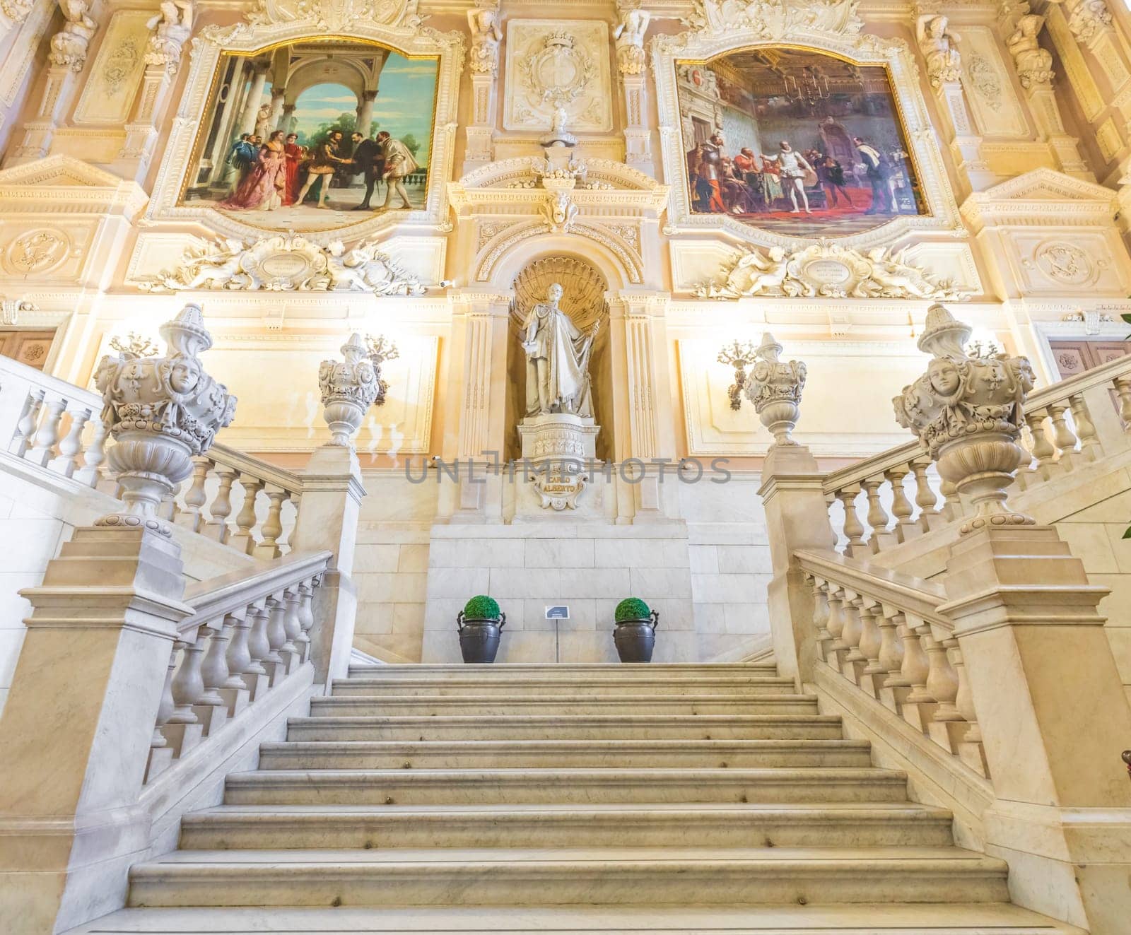 Turin, Italy - Circa January 2022: Royal Palace entrance - luxury elegant marble stairway