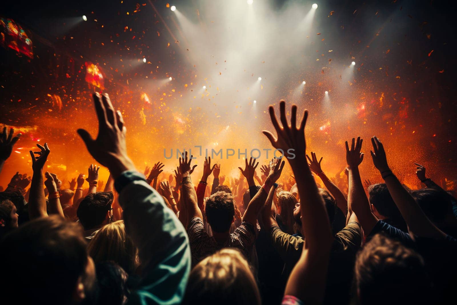 Crowd of people at a music concert or festival, colorful lights at the stage, audience cheering, live performance, rock show