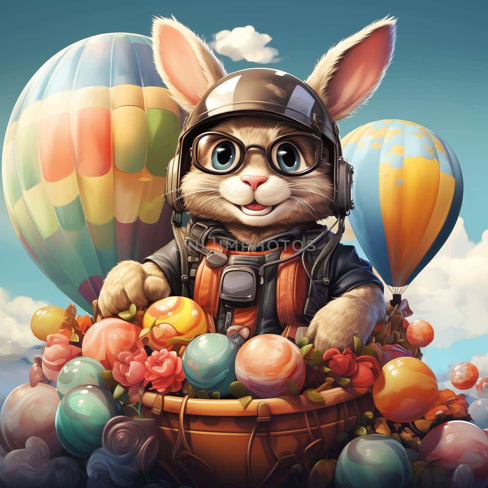 Easter bunny or rabbit with colorful balloons flying to the sky, holiday in spring , easter eggs