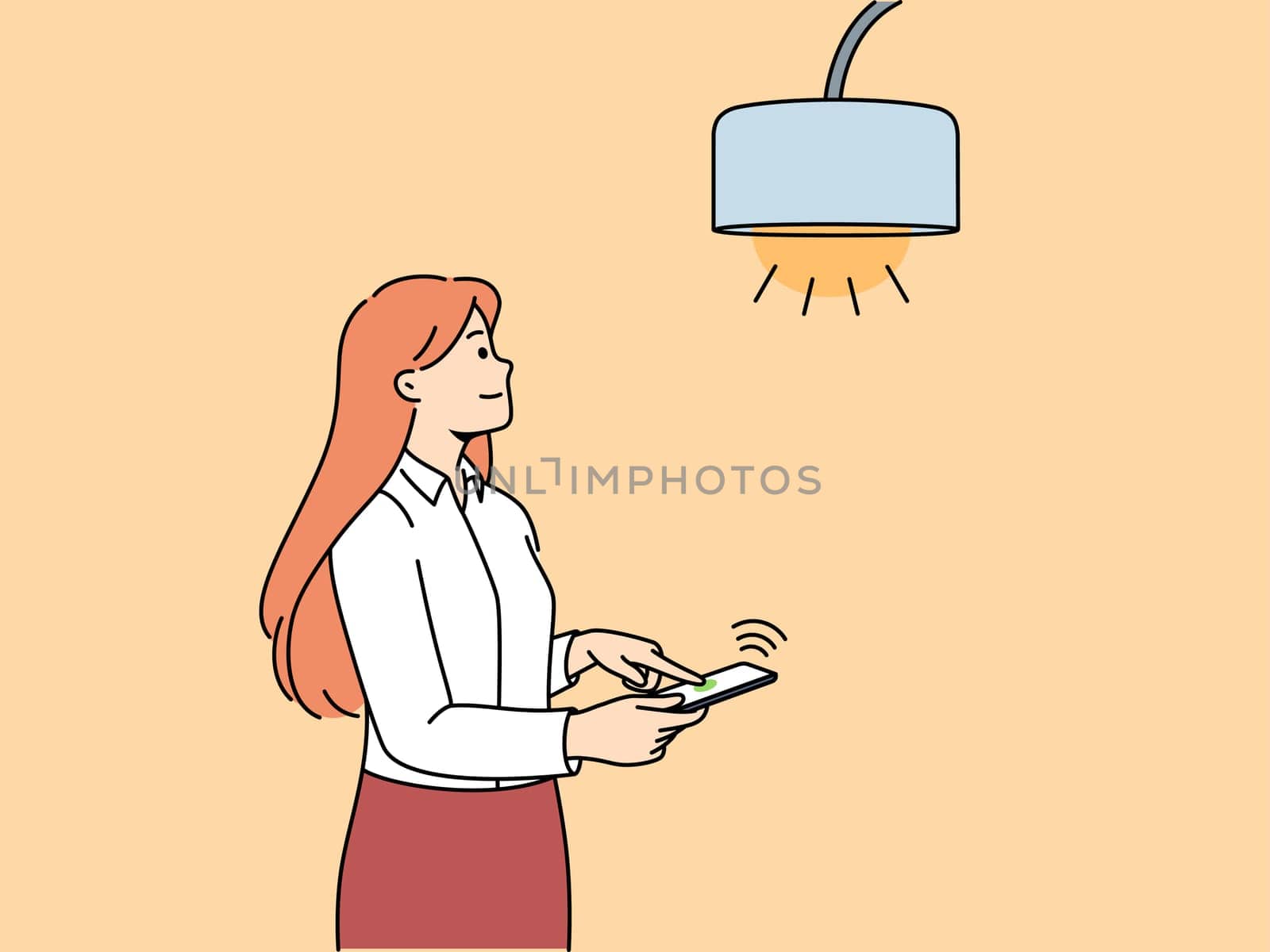 Woman controls lamp through mobile phone with iot or smart home application to turn on light. Girl enjoys using modern iot technologies integrated into smartphone and increasing comfort of life