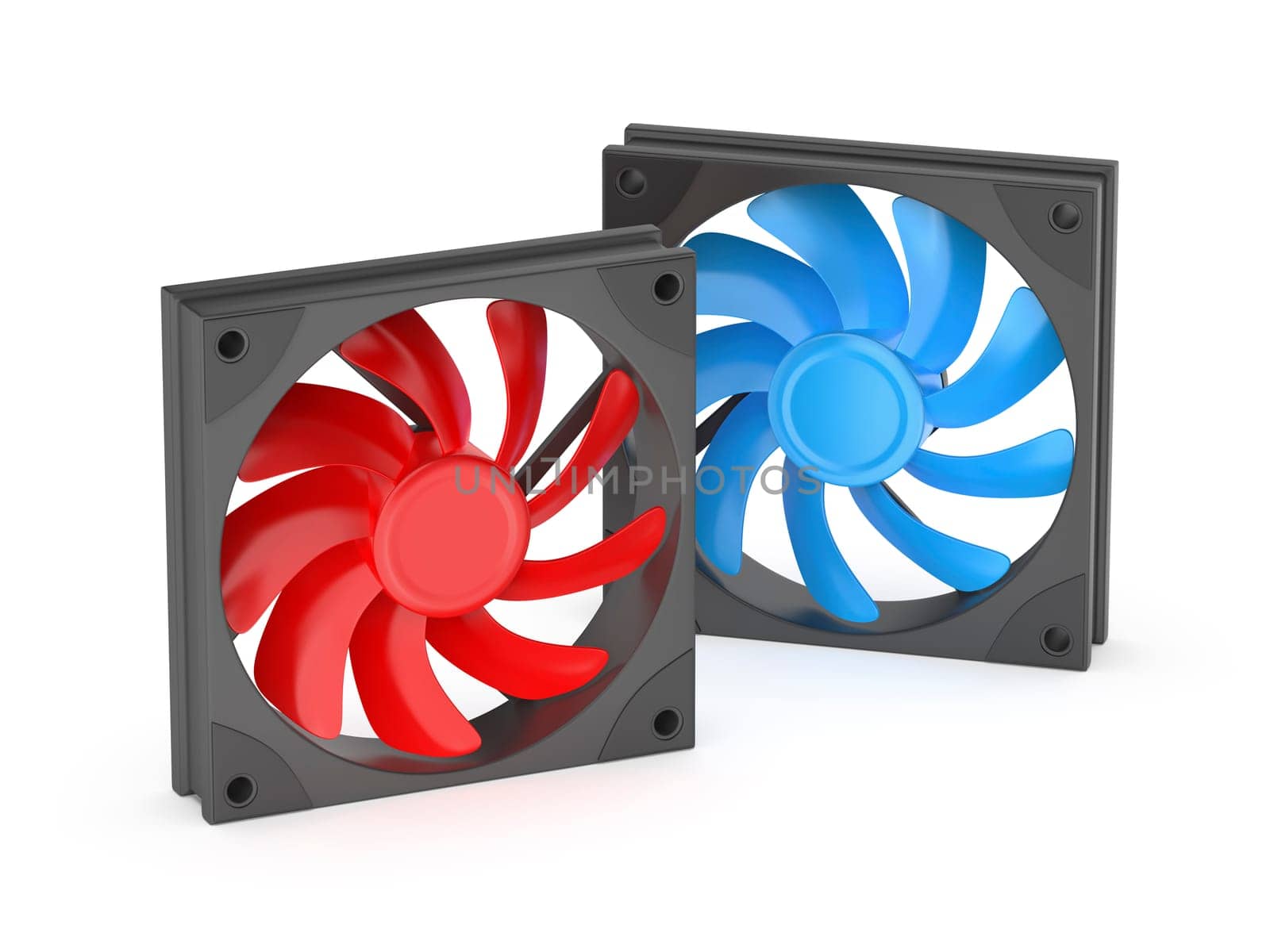 Red and blue computer case fans on white background