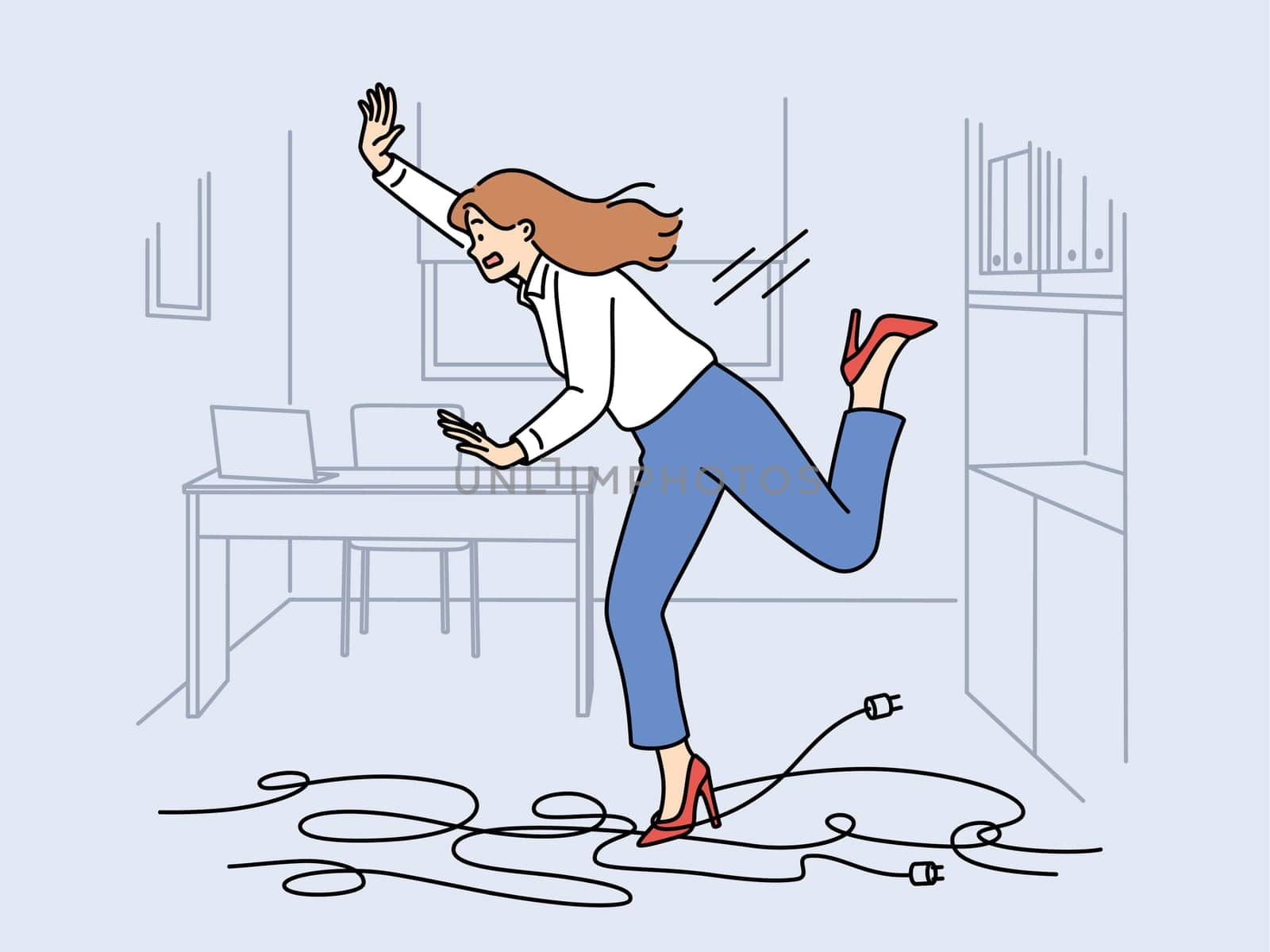 Businesswoman trips on wires and falls, risking injury due to clumsiness or mess in workplace. Falling girl office employee gets tangled in electrical cable lying on floor and screams falling