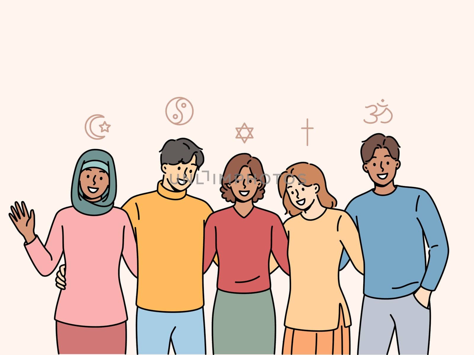 People different religions hug, feeling unity and absence disagreements due to differences faiths. Men and women with various religions smiling posing near signs of islam and christianity or buddhism