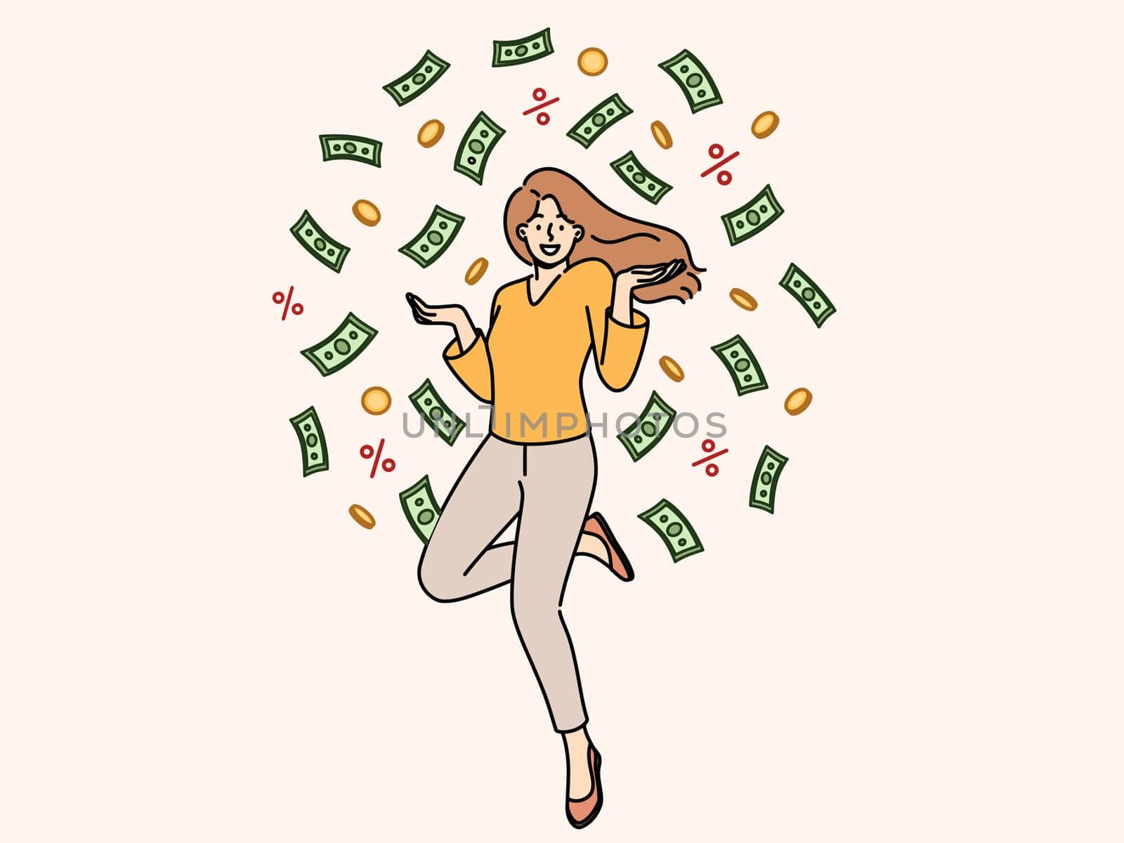 Cheerful woman jumps up standing among rain of money and celebrates receiving big salary. Successful businesswoman boasts about high earnings she receives thanks to launch of successful startup