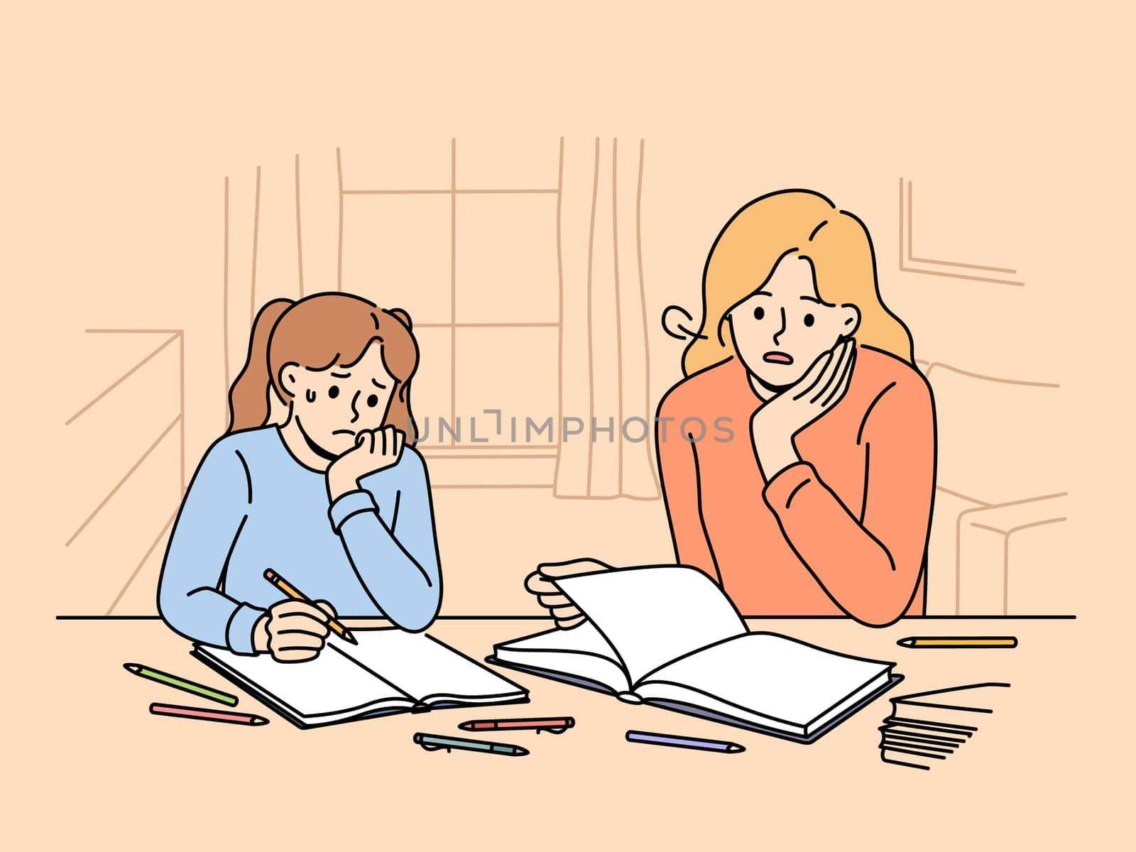 Woman helps teenage daughter do extracurricular work and is upset by child lack knowledge and poor education. Teen girl receives education at home and suffers from need to communicate with classmates