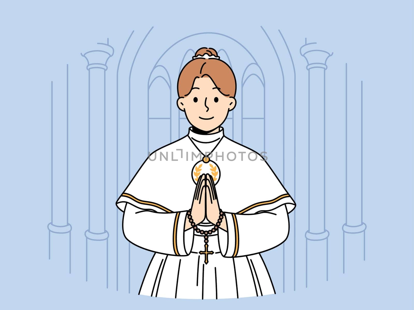 Little catholic girl takes part in first holy communion and stands in temple making prayer gesture. Child dressed for christian religious ritual of holy communion inside cathedral.