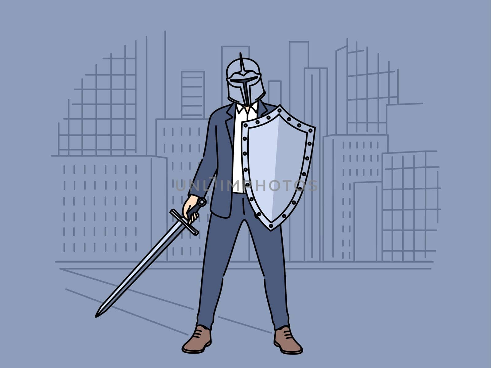 Business man with knight shield is preparing for battle, concept of corporate wars between competitors. Business warrior with sword in hand experiences ambition to fight problems and grow career