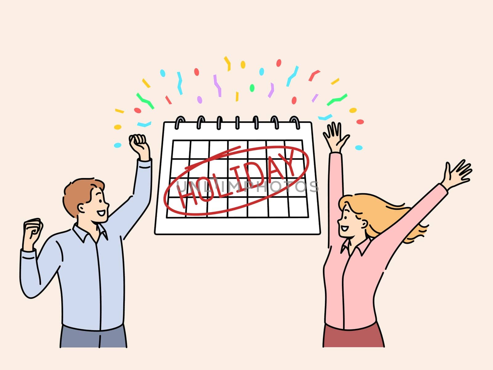 Happy man and woman stand near large calendar with inscription holiday, and celebrate beginning summer vacation. Overjoyed company employees happily wave hands upon learning that holiday approaching