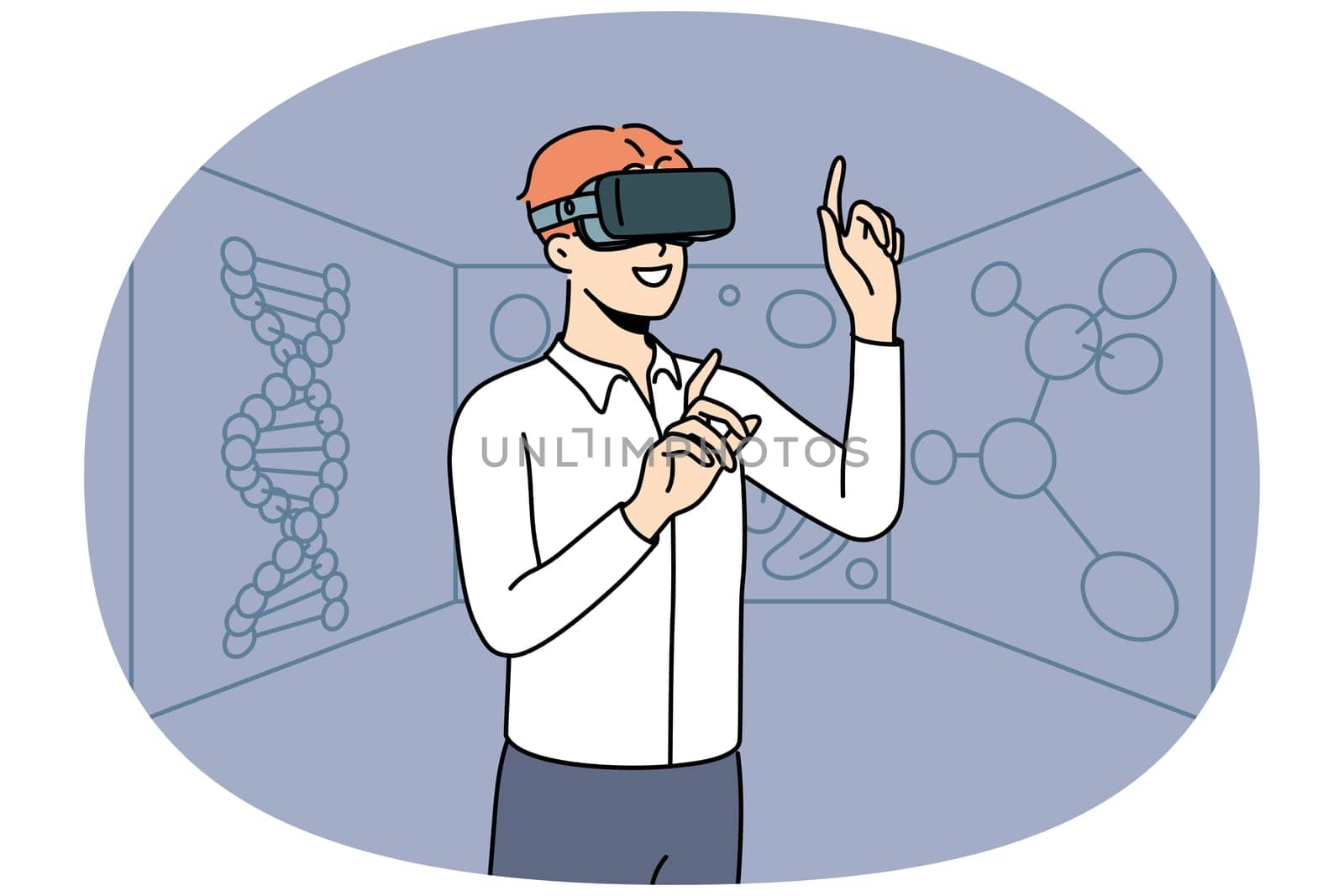 Smiling young man in VR glasses explore chemical elements. Happy male researcher or scientists in virtual reality headset discover chemistry. Vector illustration.