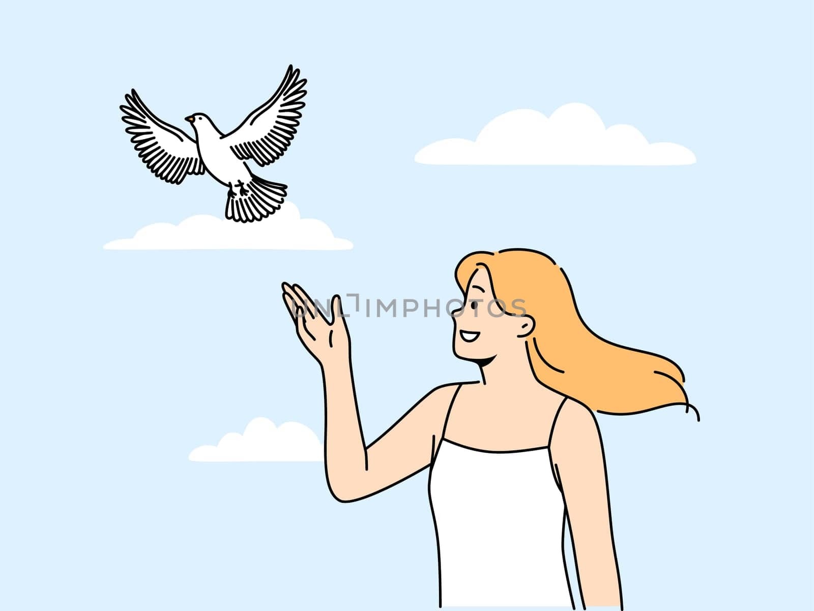Woman releases dove standing under summer blue sky and watching bird symbolize hope and peace. Happy girl looks with smile at dove soaring in sky and enjoys communicating with nature