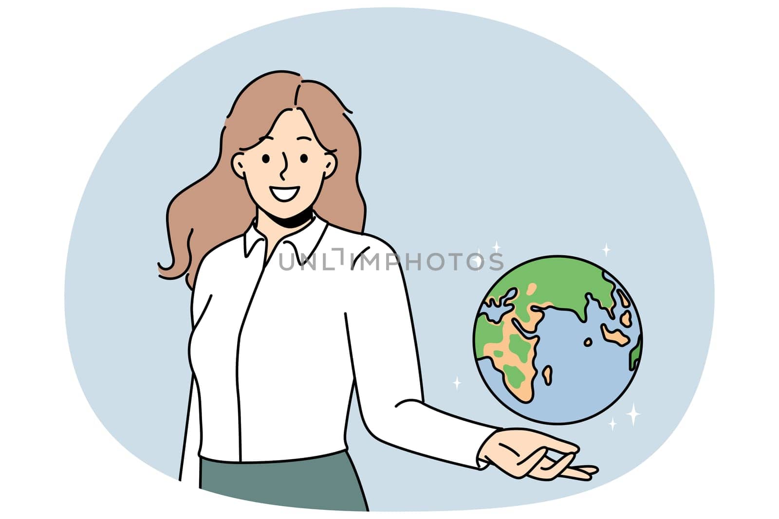 Smiling young female teacher holding globe on hand. Happy woman geography tutor showing planet Earth model. Education and learning. Vector illustration.
