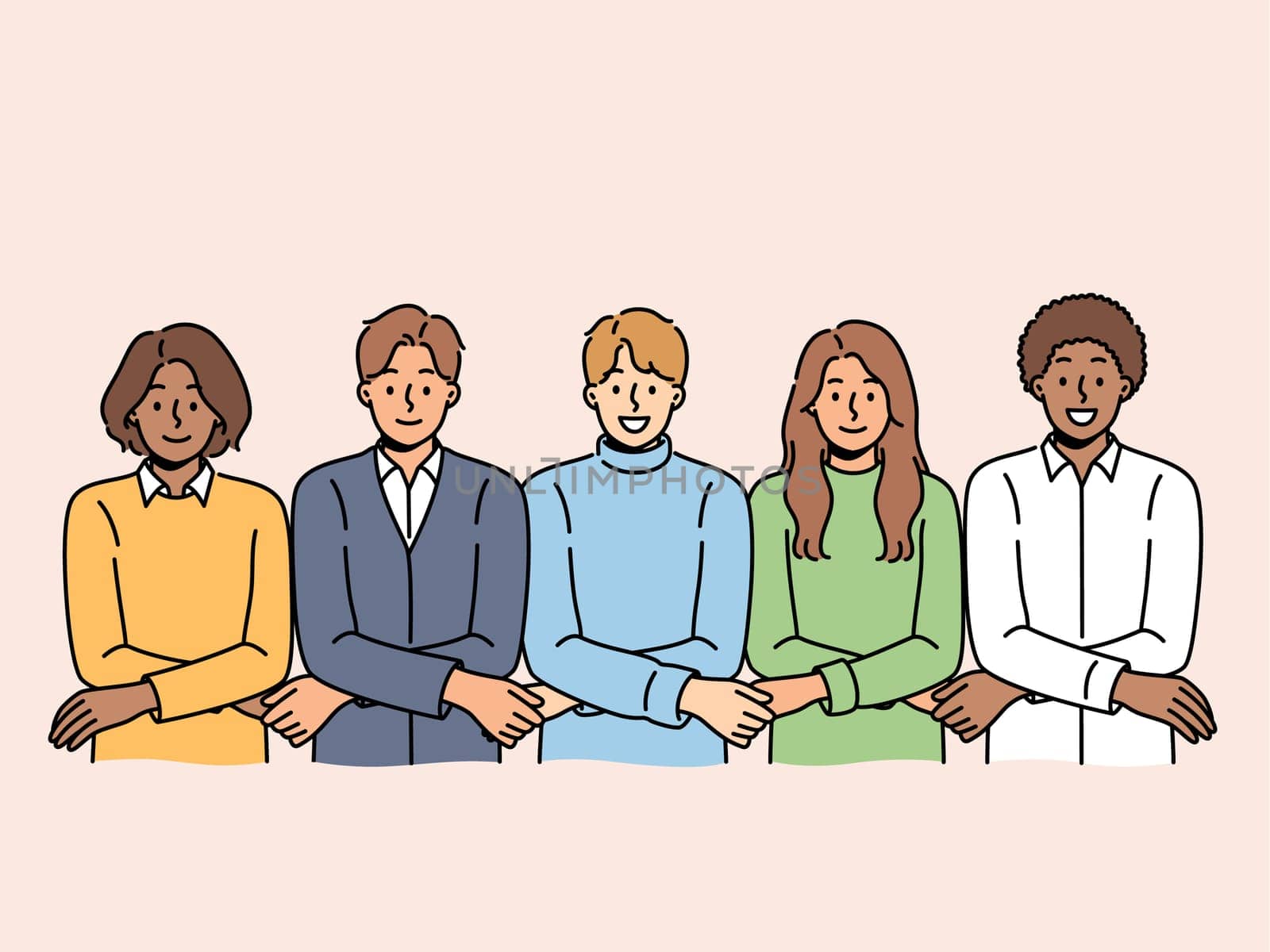 Team of multiracial people students holding hands and showing unity or lack of discord among university pupils. Team of diverse students participate in team-building and trust-building activity
