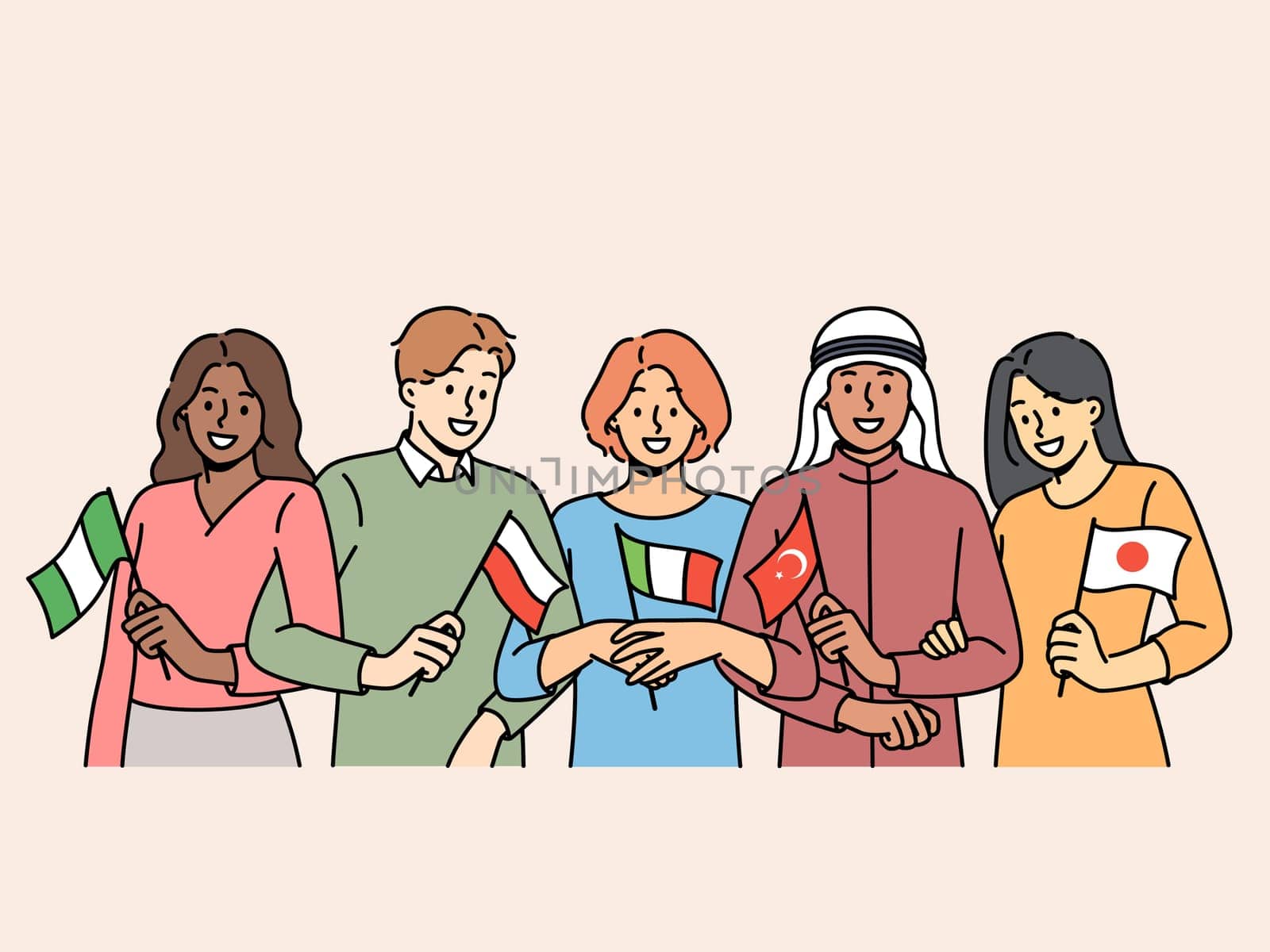 Students of different nationalities hold state flags and smile, inviting them to take part in educational exchange. Guys and girls students of international faculty of college or university