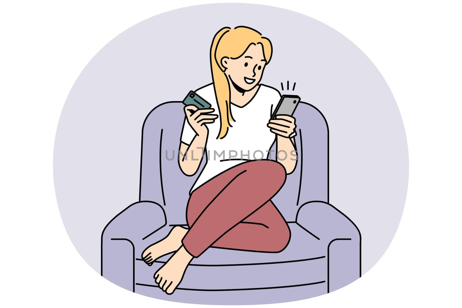 Smiling young woman sit in chair at home shopping online on cellphone with credit card. Happy female buyer purchase goods on internet on smartphone. Vector illustration.
