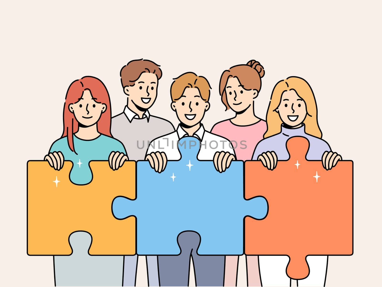 Friendly team of men and women hold giant puzzle pieces symbolizing working together to solve business problems. Business people with smile doing teamwork to increase company income