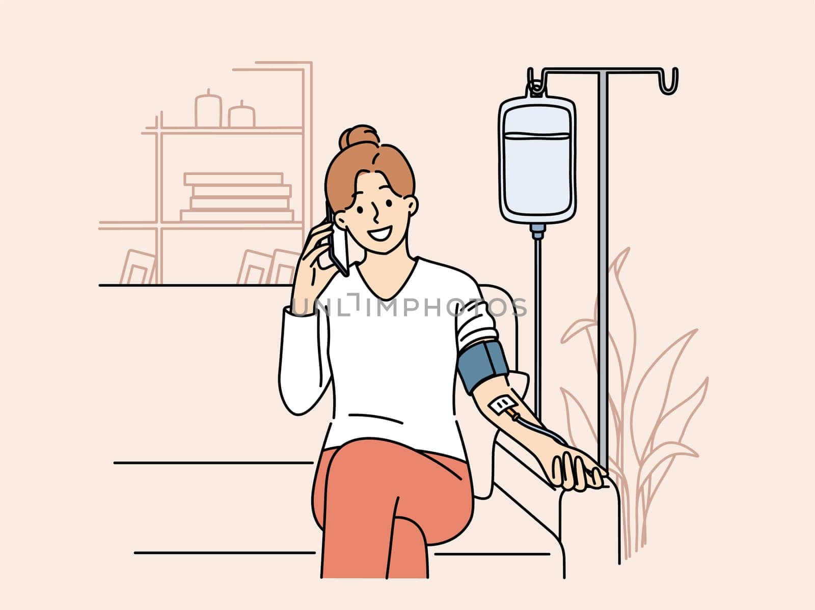 Happy woman receiving dropper with vitamins sitting on couch at home and talking to doctor on mobile phone. Girl with dropper for taking vitamins that improve immunity and health of body
