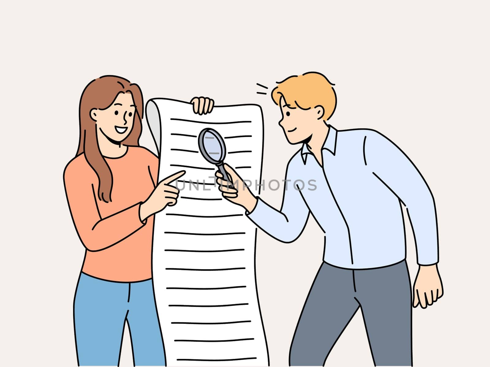 Man and woman are studying large business document using magnifying glass to look for hidden information in legal documents. Business people analyze and check data before signing contract