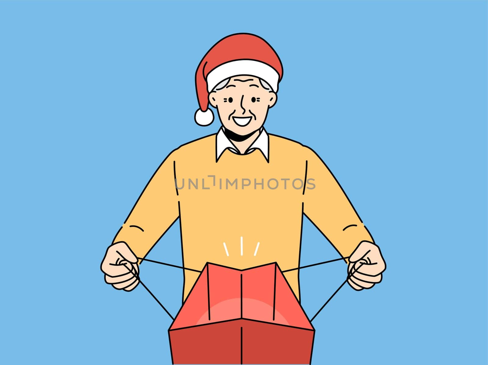 Elderly man in santa claus hat opens package with christmas gift and smiles with joy at receiving present on new year eve. Gray-haired human participant of christmas sale and black friday is happy