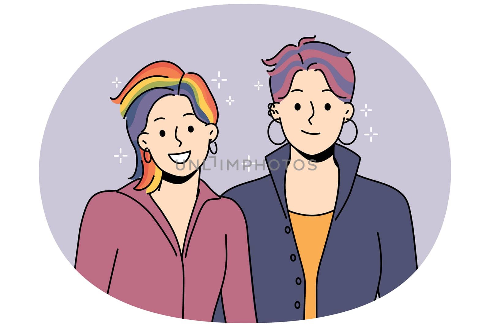 Smiling couple with colorful hair support LGBTQ movement. Happy people in cool funky image stand with LGBT community. Freedom and pride parade. Vector illustration.