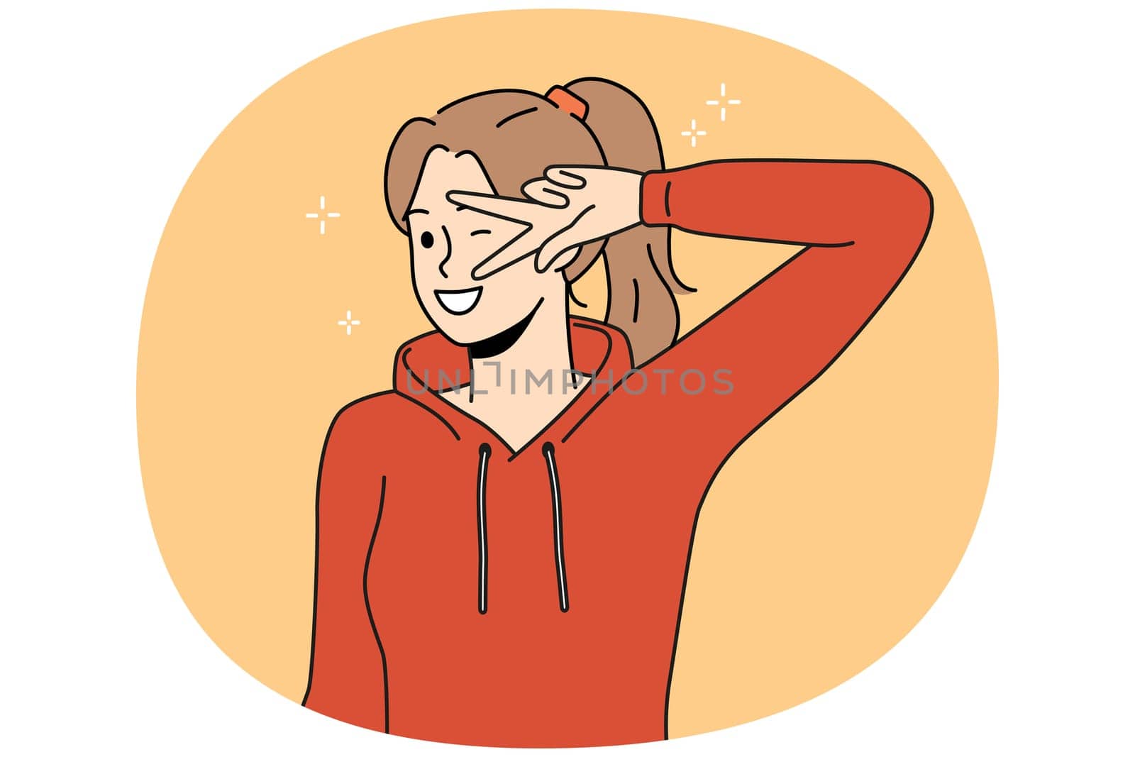 Smiling girl teenager show hand gesture feeling optimistic and joyful. Happy woman in hoodie have fun make facial expression. Vector illustration.