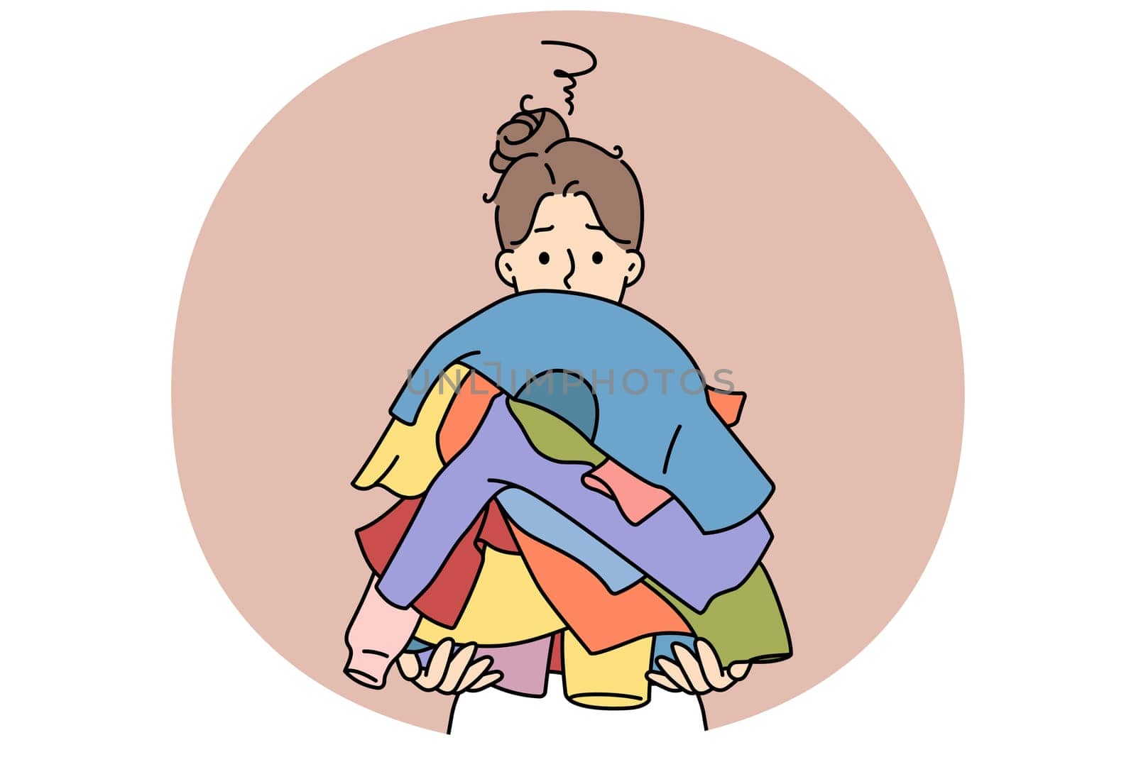 Confused young woman holding stack of dirty clothes. Confused unhappy girl with pile of clothing. Laundry day. Vector illustration.