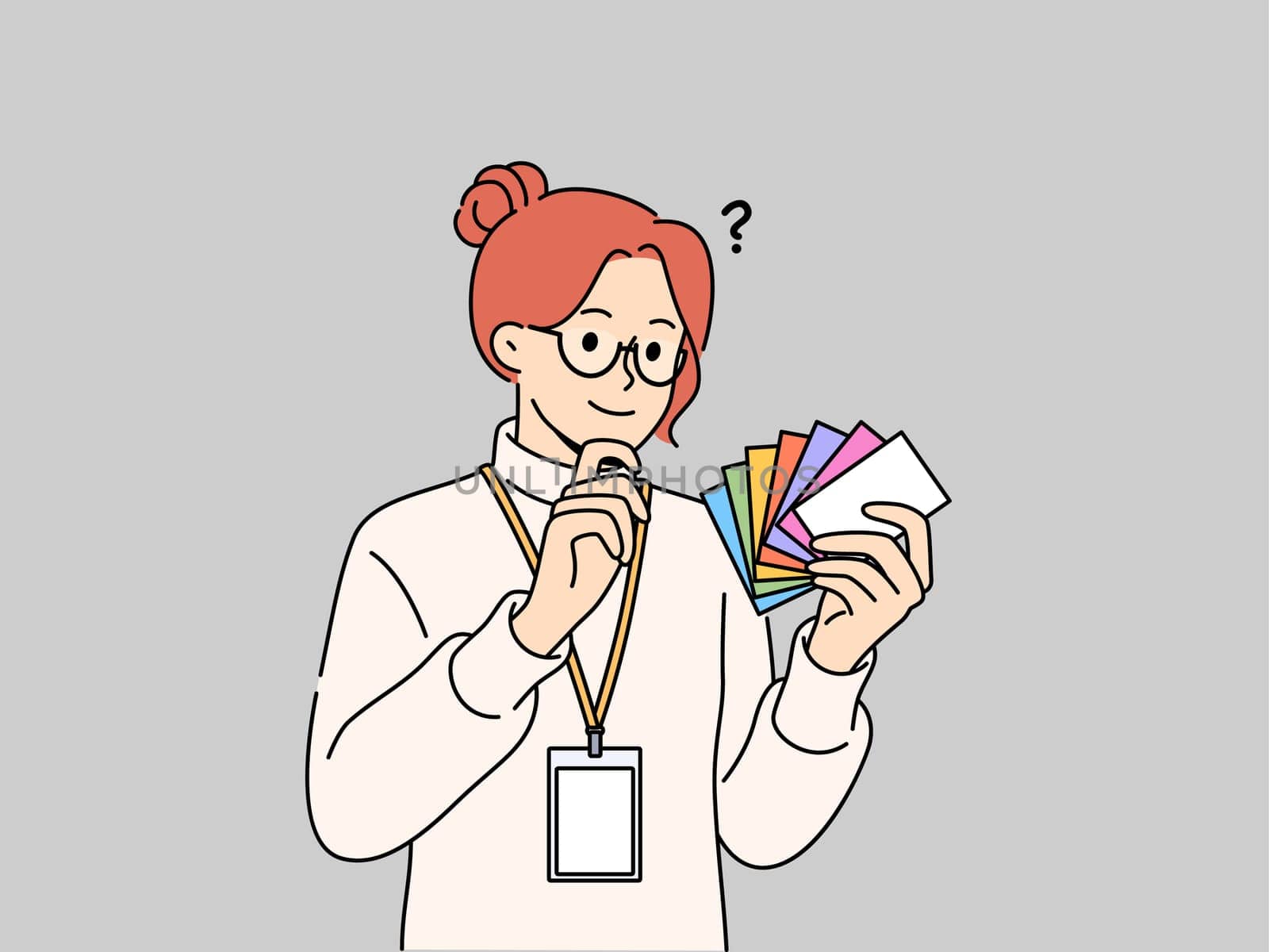 Woman designer holds palette of cards of different colors, choosing desired shade to use in design. Business girl working as designer makes decision on choosing main color for corporate identity