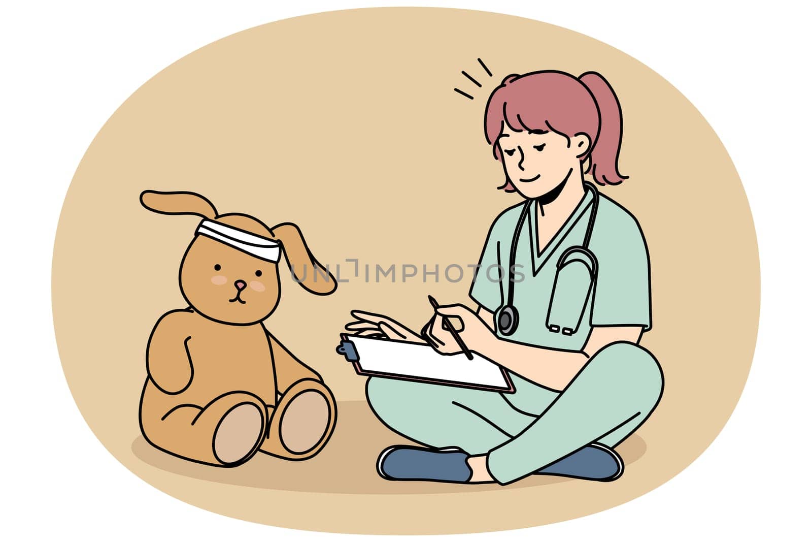 Smiling little girl in medical uniform cure teddy bear. Happy child consult stuffed toy play act as doctor. Future occupation. Vector illustration.