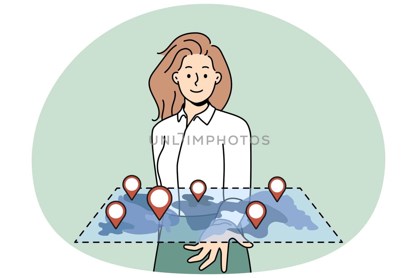 Smiling businesswoman holding map with marked locations on hand. Happy woman look at digital plan with GPS marks. Vector illustration.