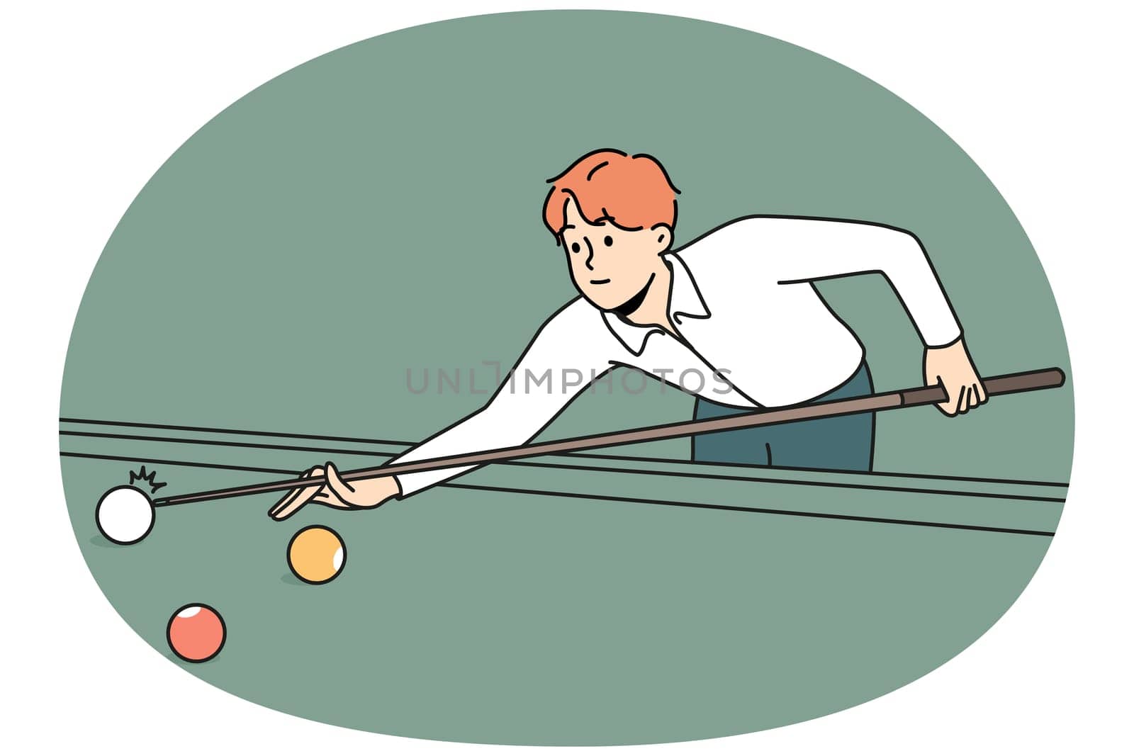 Young man playing billiards. Playful guy have fun enjoy pool with cue. Hobby and entertainment. Vector illustration.