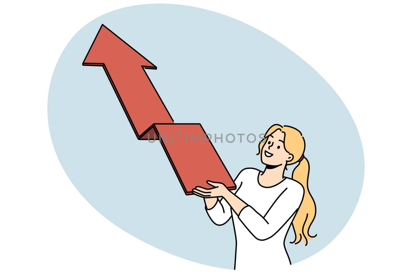 Smiling businesswoman holding arrow facing up. Happy female employee or worker demonstrate progress and success. Vector illustration.