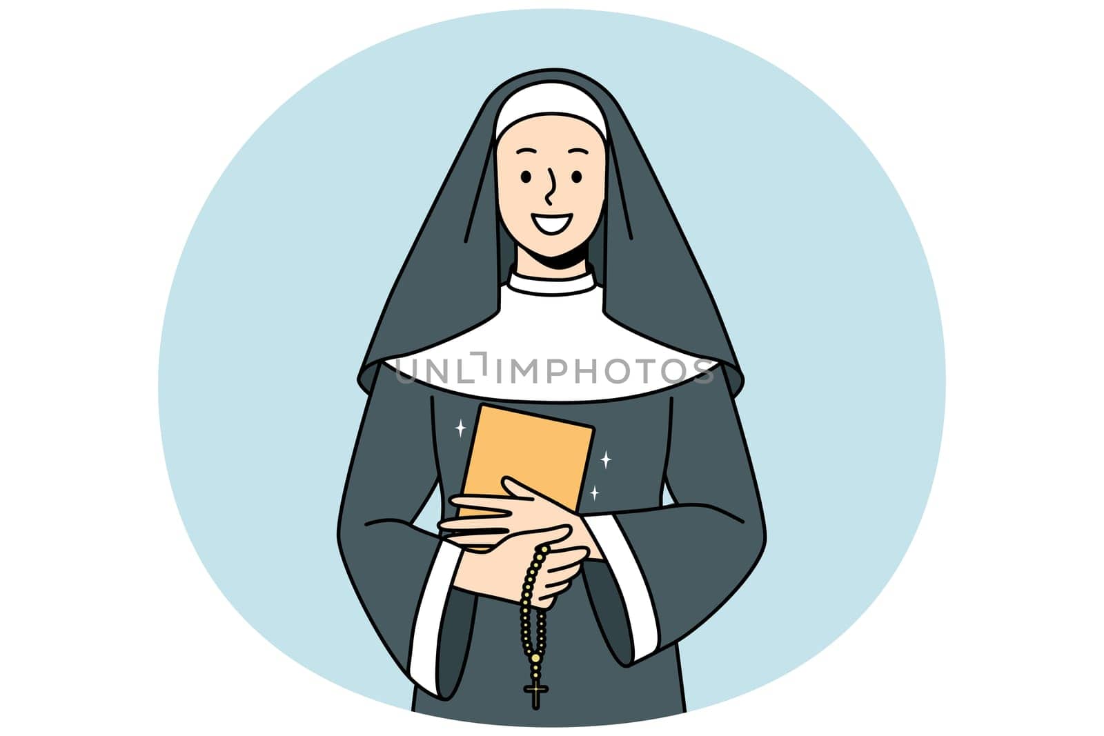 Smiling nun in traditional robe holding bible and rosary in hands. Happy religious sister with beds. Faith and religion. Vector illustration.