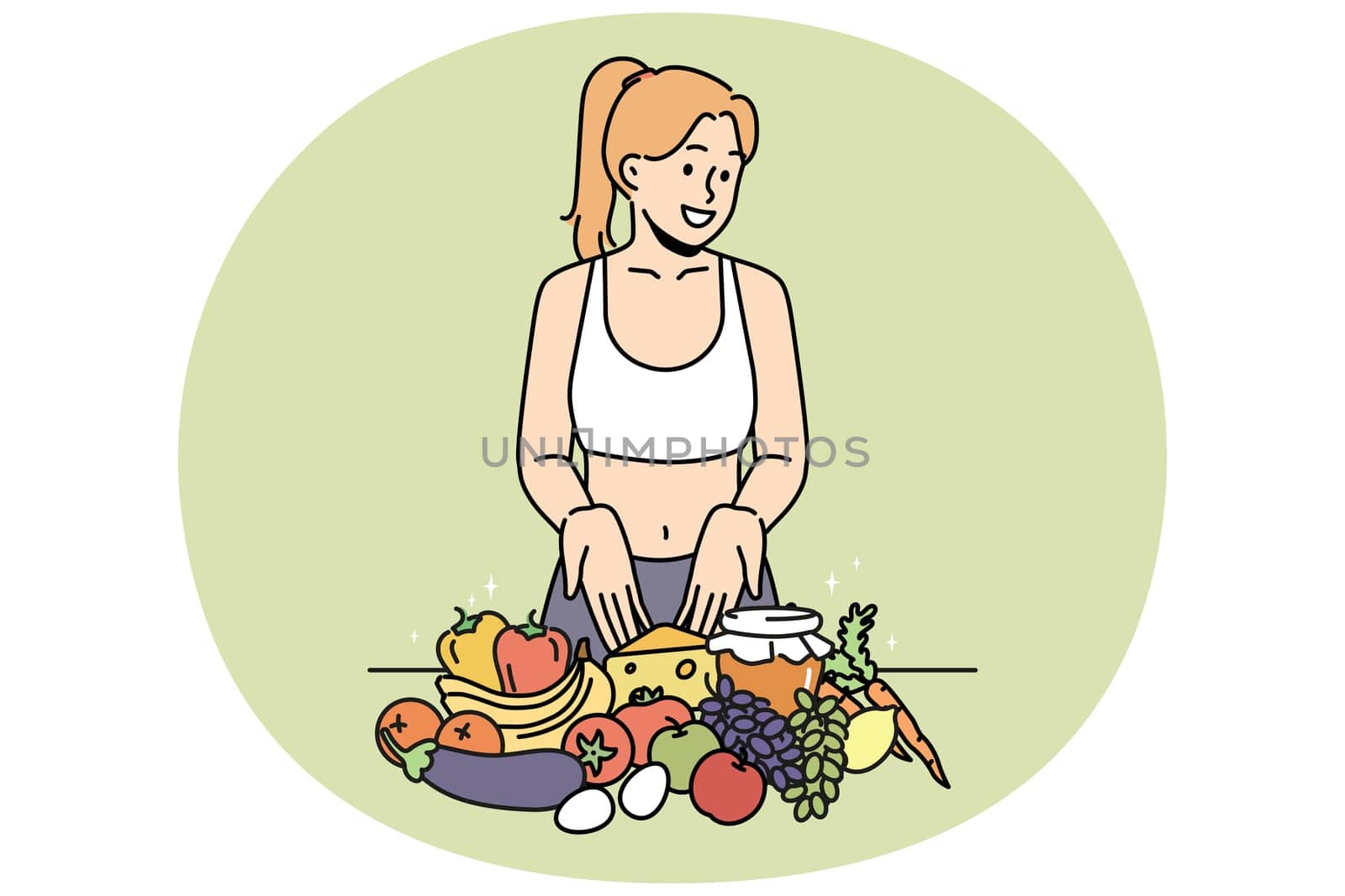 Smiling young woman in sportswear recommend healthy eating. Happy girl show organic products give diet recommendation. Nutrition. Vector illustration.