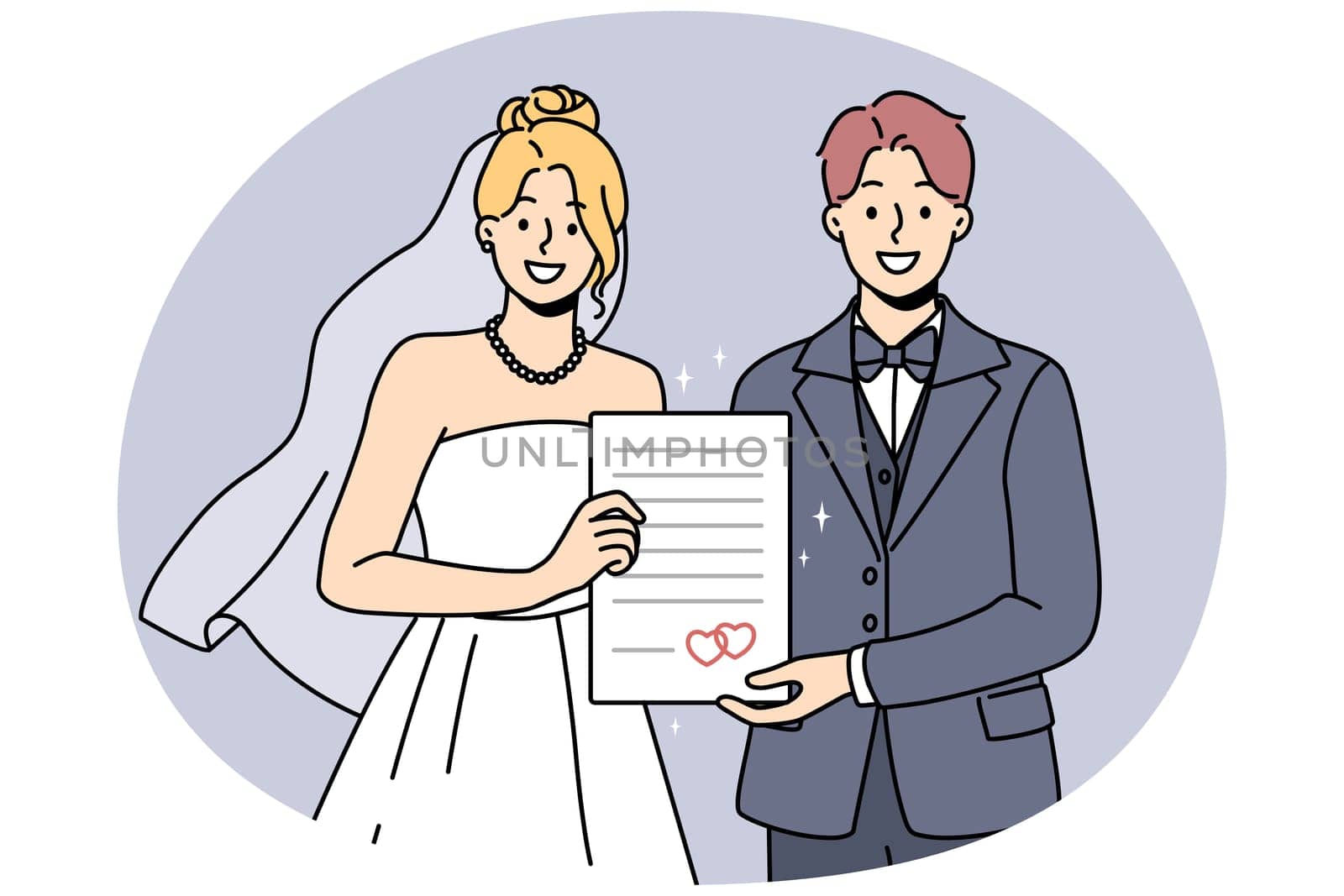 Smiling bride and groom holding marriage certificate excited about starting family. Happy couple in bridal dress and suit on wedding day. Vector illustration.