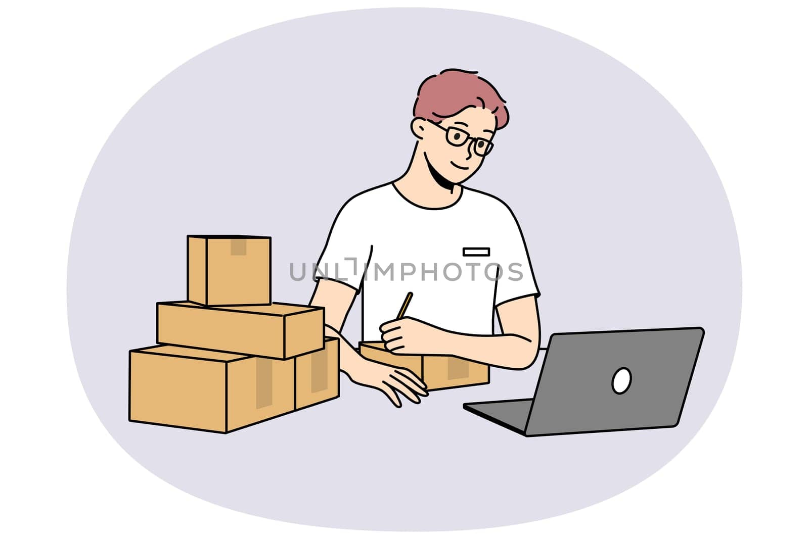 Young man in glasses look at laptop sign parcels at post. Smiling male worker write address and receiver on package in postal office. Vector illustration.