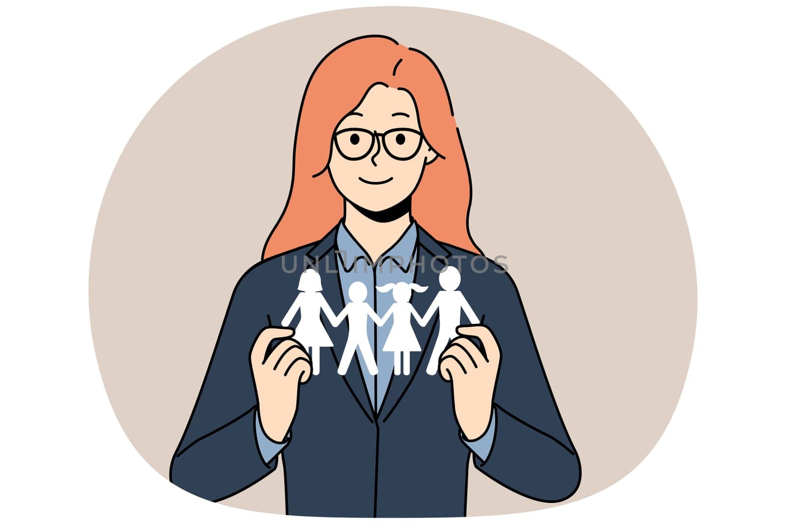 Smiling female social worker holding family paper model in hands. Happy woman help with problems for parents and children. Aid and assistance. Vector illustration.