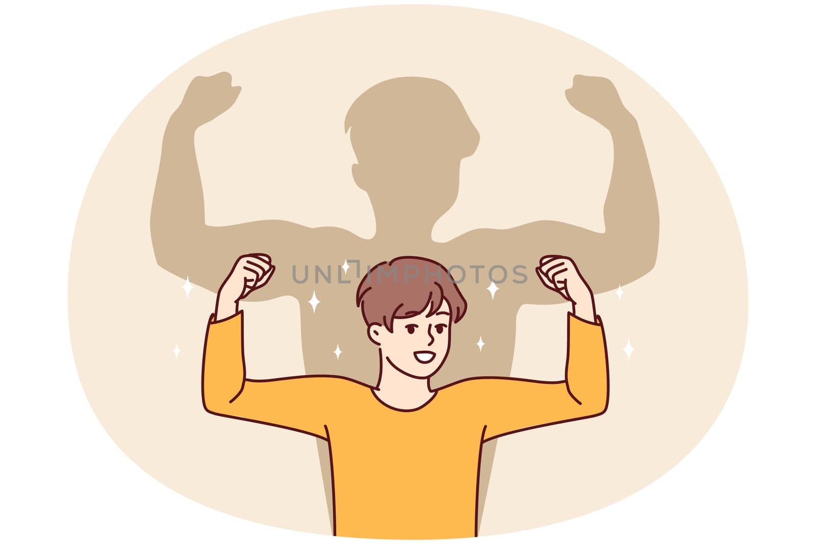 Smiling boy dream on having muscles