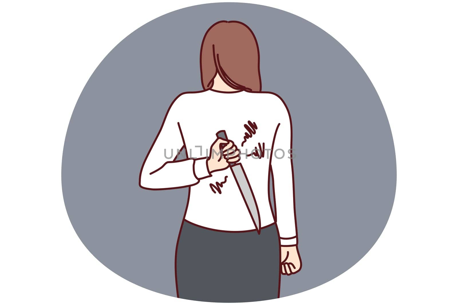 Woman hiding knife behind back ready to betray or attack. Businesswoman with weapon hidden. Risky deal or rivalry. Vector illustration.
